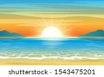 Seascape sunset. Summer ocean abstract illustration with sun dawn and sea water, vacation sunrise background, relaxing tropical beaches horizon vector illustration