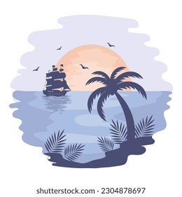 Seascape, sunset in the tropical sea with a frigate, a palm tree and seagulls on a watercolor background. Illustration, icon, vector