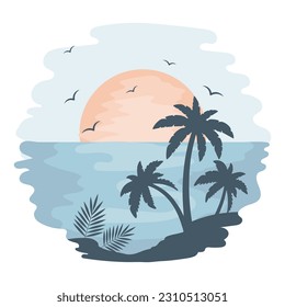 Seascape, sunset in the tropical sea with palm trees and seagulls on a watercolor background. Illustration, icon, vector