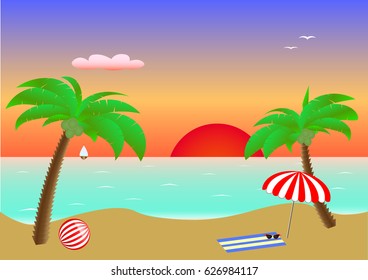 Seascape sunset, two palms and beach accessories on sand in the sea, postcard, horizontal