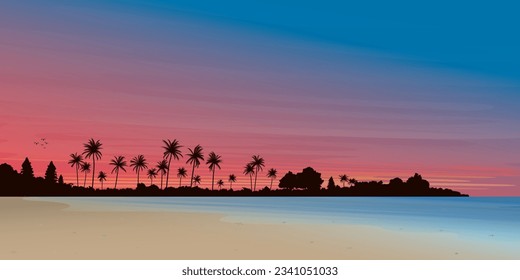 Seascape sunset vector illustration have blank space at the sky. Seaside landscape with palm trees, ocean coast, beach and dramatic sky flat design.