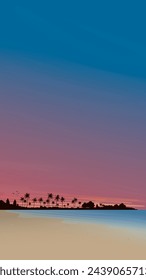 Seascape sunset vertical shape vector illustration have blank space at the sky. Seaside landscape with palm trees, ocean coast, beach and dramatic sky flat design.