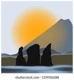 Seascape, sunset view on Kamchatka rocks.