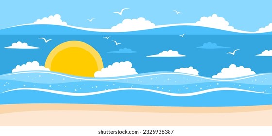 Seascape with sunset, waves, clouds and coastline. Vector illustration in flat style