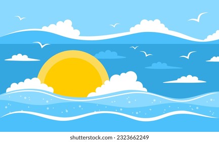 Seascape with sunset, waves, clouds and seagulls. Vector illustration in flat style