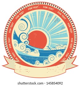seascape with sun.Vintage label and scroll for text on old texture background 