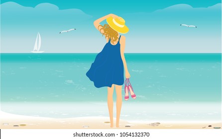 Seascape with surf, yacht, seagulls - Woman in hat and summer dress, in hand holds sandals - vector art illustration