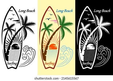 Seascape in surfboard frame drawing printable emblem isolated