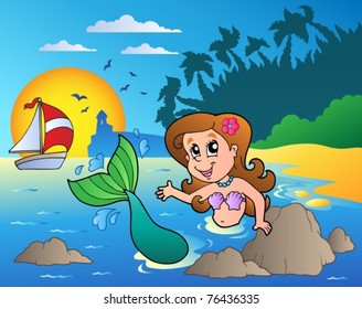 Seascape with swimming mermaid - vector illustration.