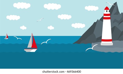 Seascape. There is Mountain, Lighthouse, birds, sea and clouds. And yacht floating on the sea