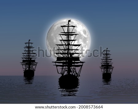 Seascape of three sailing ships sailing under the full moon