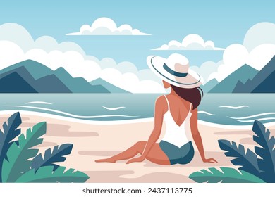 Paisaje marino. Tiempo de relajación. Mujer joven en un sombrero en la playa con el telón de fondo de un paisaje marino. Ilustración. Vector