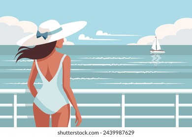 Seascape. Time relax. A young woman in a swimsuit on the beach against the backdrop of a seascape. Illustration. Vector	