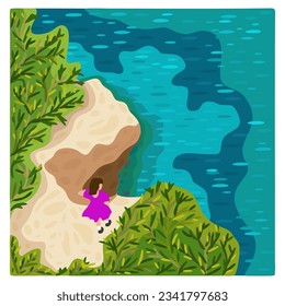 Seascape top view. Vector illustration with sea and mountain surrounded with blooming trees.