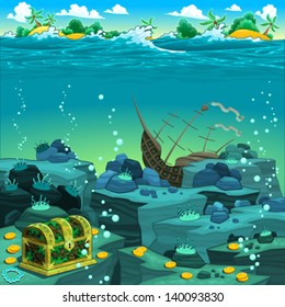 Seascape with treasure and galleon. Vector cartoon illustration 