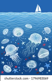 Seascape with underwater world pattern. Vector illustrations with sailboat on sea waves, stylized jellyfishes and starfishes on blue wave background.