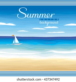 Seascape vector background - tropical sand beach, ocean, sky for summer events and advertising