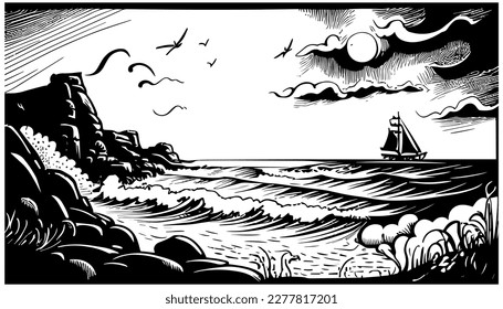 Seascape vector black line illustration isolated white. Sketch art