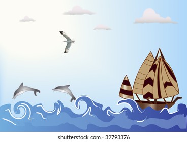 seascape vector illustration with dolphins, seagull and boat