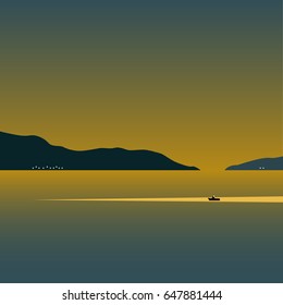 Seascape vector illustration evening, islands, boat