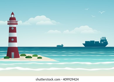Seascape vector illustration. Lighthouse