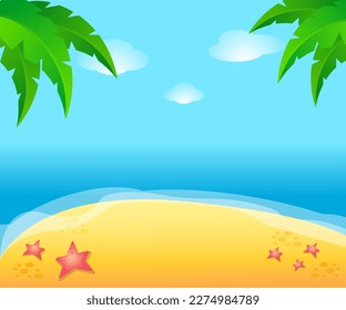 Seascape vector illustration. Paradise beach with sand and palm trees.