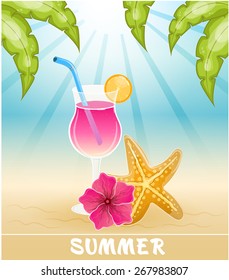 Seascape vector illustration. Paradise beach. Beach Bar poster. Vector background.