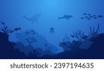 Seascape vector illustration. Scenery of shipwreck in the bottom sea with fish and coral reef. Sea world landscape for illustration, background or wallpaper