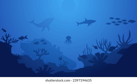 Seascape vector illustration. Scenery of shipwreck in the bottom sea with fish and coral reef. Sea world landscape for illustration, background or wallpaper