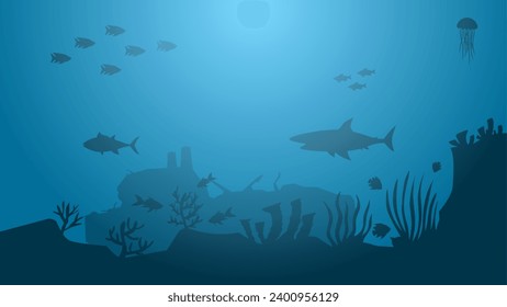 Seascape vector illustration. Scenery of shipwreck in the bottom sea with fish and coral reef. Sea world landscape for illustration, background or wallpaper