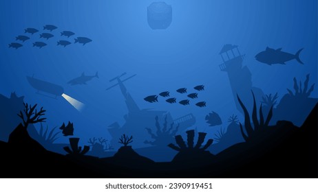 Seascape vector illustration. Scenery of sunken lighthouse and shipwreck at the bottom of the sea. Underwater panorama for illustration, background or wallpaper