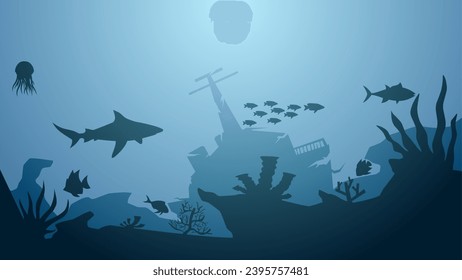 Seascape vector illustration. Scenery of sunken lighthouse and shipwreck at the bottom of the sea. Underwater wildlife for illustration, background or wallpaper