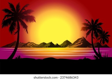 Seascape vector illustration in silhouette style.