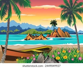 Seascape vector illustration of summer atmosphere.