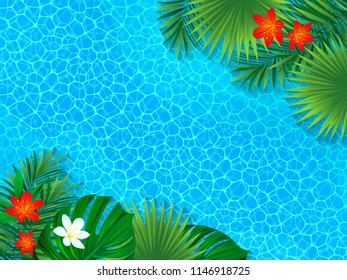 Seascape vector illustration. tropical background. Tropic landscape with exotic jungle rainforest palms leaves, monstera, flowers. Floral backdrop. Ocean coastline wallpaper. Summer design. Top view