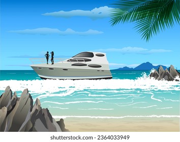 Seascape vector illustration with yachts and tourists.