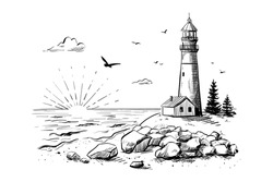 Seascape - View Of The Coastline, Rocks, Ocean, Waves, Lighthouse, House, Fir Trees. The Sun Sets Over The Horizon, The Rays Illuminate The Clouds And A Cape With A Beacon Tower, A Sandy Shore. Vector