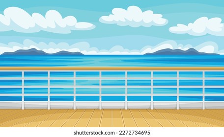 Seascape view concept. Wooden deck of cruise ship with fence. Beautiful landscape with blue sea or ocean water, clouds and mountain silhouettes. Travel and tourism. Cartoon flat vector illustration