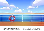 Seascape view from cruise ship deck. Ocean landscape with calm water surface and clouds in blue sky. Vector cartoon illustration of wooden boat deck or quay with railing and lifebuoy