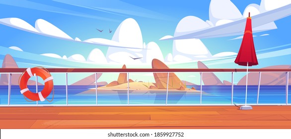 Seascape view from cruise ship deck. Ocean landscape with island, rocks in water and seagulls. Vector cartoon illustration of wooden boat deck or quay with railing, lifebuoy and umbrella