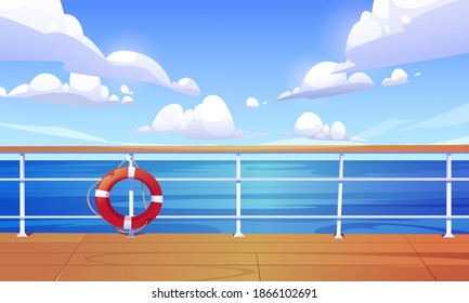 Seascape view from cruise ship deck. Ocean landscape with calm water surface and clouds in blue sky. Vector cartoon illustration of wooden boat deck or quay with railing and lifebuoy - Shutterstock ID 1866102691