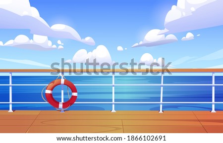 Seascape view from cruise ship deck. Ocean landscape with calm water surface and clouds in blue sky. Vector cartoon illustration of wooden boat deck or quay with railing and lifebuoy