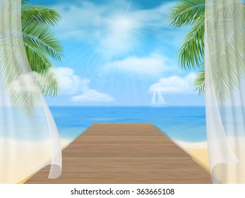 Seascape. View of the sea beach and the wooden jetty through the open window with the curtains.