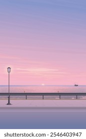 Seascape view from sidewalk with silhouette fishing boat followed by seagulls have dramatic sky vertical background graphic illustration.