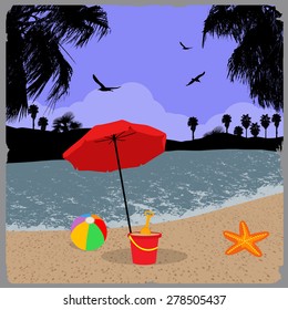 Seascape vintage poster at beautiful summer background, vector illustration