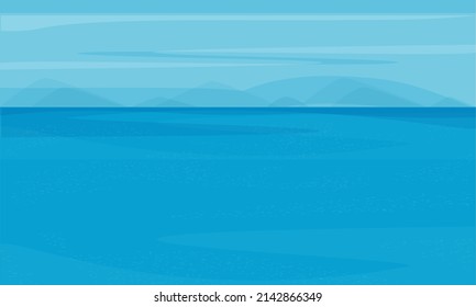 Seascape. Water, Horizon, Mountains. Vector Drawing. Blue Background.