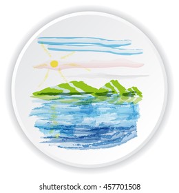 Seascape watercolor, vector. Example for souvenir, gift, badge. Sea voyage, cruise. Environmental themes