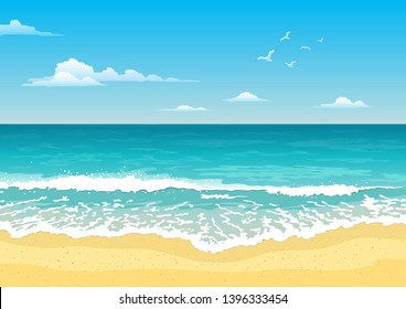 Seascape with waves, cloudy sky and seagulls. Tourism and travelling. Vector flat design