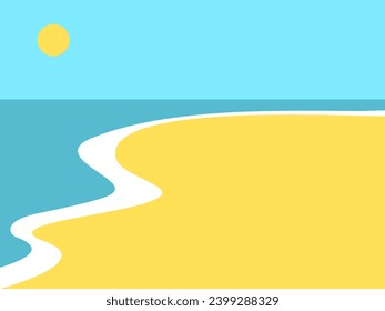 Seascape. Waves crash onto the sand. Horizon and sun in the sky. Flat vector illustration