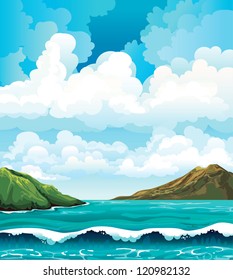 Seascape with waves and green islands on a blue cloudy sky background